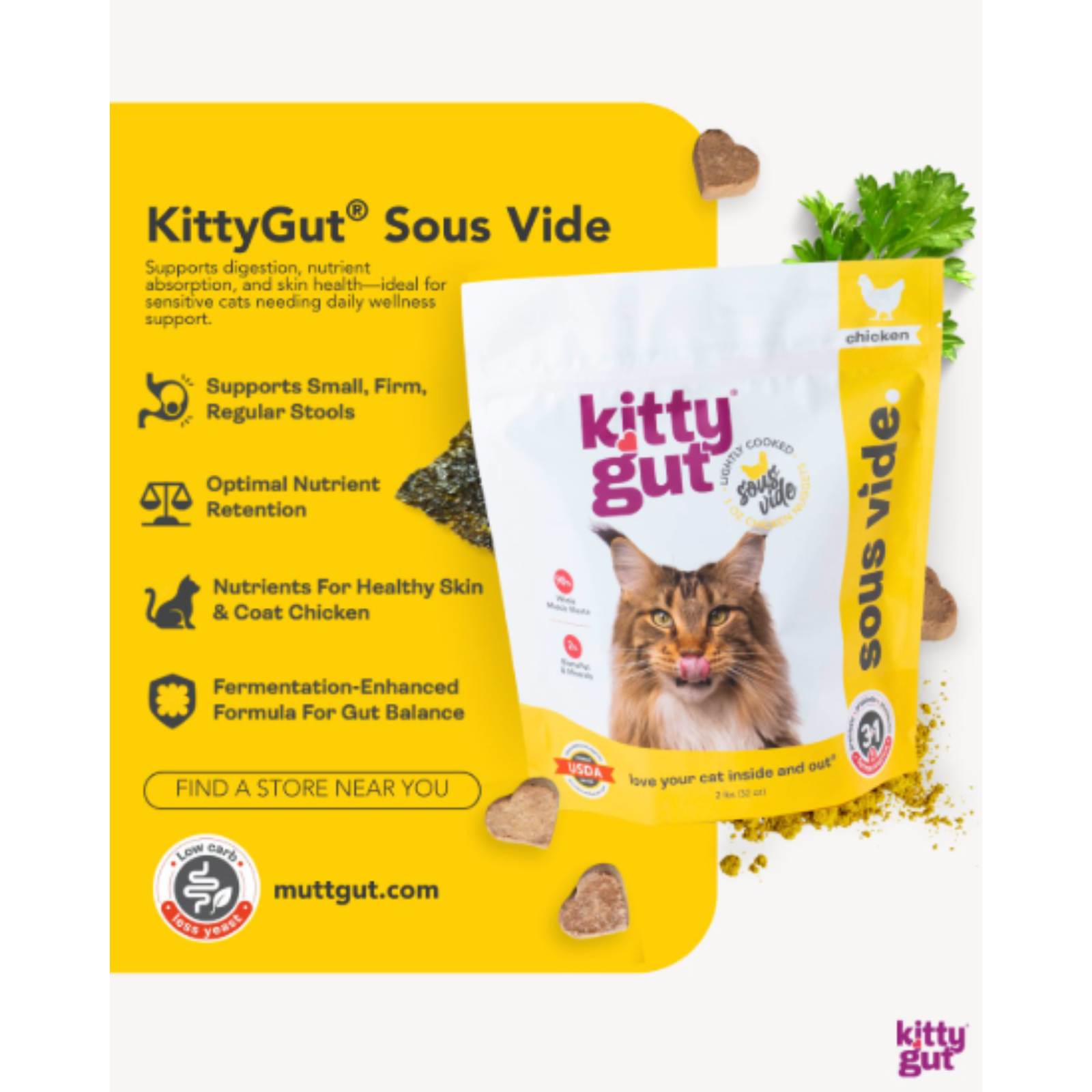 KittyGut Sous Vide chicken cat food packaging shown on a white background with a large yellow informational panel and a few kibble pieces and parsley scattered around. Visible brand text includes KittyGut and Sous Vide.
