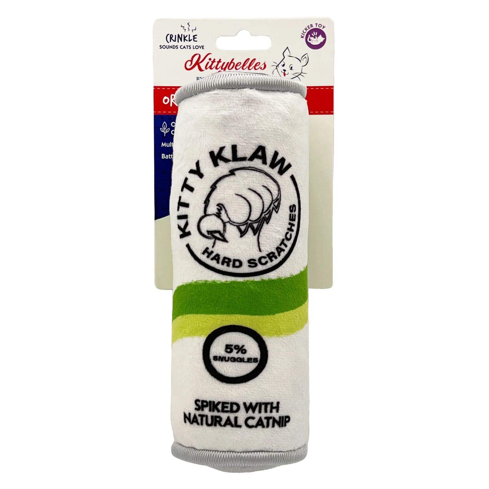 Kittylbelles Kitty Claw Hard Scratches cat toy, packaged on its original cardboard backing. The cylindrical plush toy is white with a gray ribbed edge, featuring a green and yellow accent stripe, and is printed with the brand name and product details.