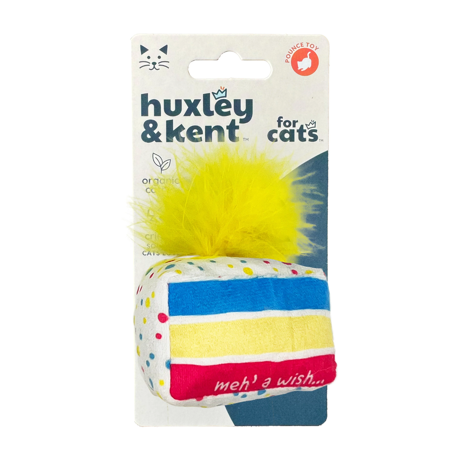 Huxley & Kent 'for cats' toy package featuring a striped plush cat toy with a bright yellow feather pom-pom on a white backing card.
