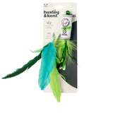 A packaged cat toy with braided green and black synthetic fur, bright turquoise and lime green feathers, and a small white tube attached to the backing card. The card reads 'huxley & kent' and 'for cats'.