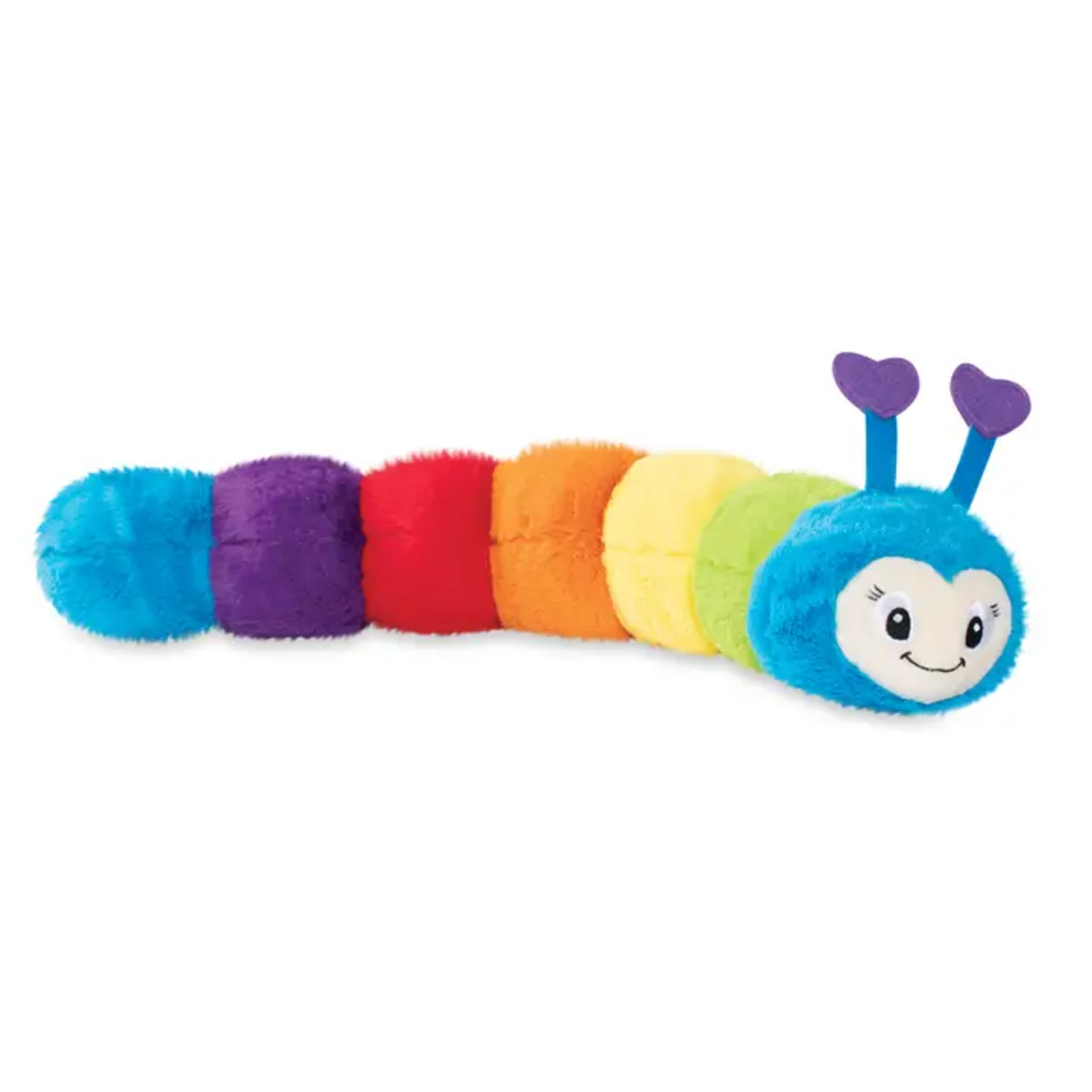 A plush caterpillar toy with rainbow-colored segments in blue, purple, red, orange, yellow, and green, featuring a smiling blue face and purple heart-shaped antennae on a white background.