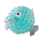 A turquoise puffer fish plush toy with a bumpy, textured surface, large white eyes, a pink mouth, and iridescent silver fins, shown on a plain white background.