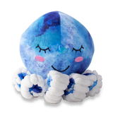 A cute octopus plush toy with a blue and white watercolor patterned head, closed black eyes, pink cheeks, and soft white tentacles, shown on a plain white background.