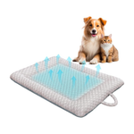 A pet cooling mat with a textured light gray border and a translucent blue center, shown with a dog and cat sitting behind it on a white background. Blue arrows above the mat indicate airflow or cooling.
