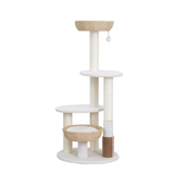 A multi-level cat tree with a tall sisal-wrapped scratching post, two white platform shelves, a woven natural-fiber cat bed, and a small hanging toy, shown on a plain white background.