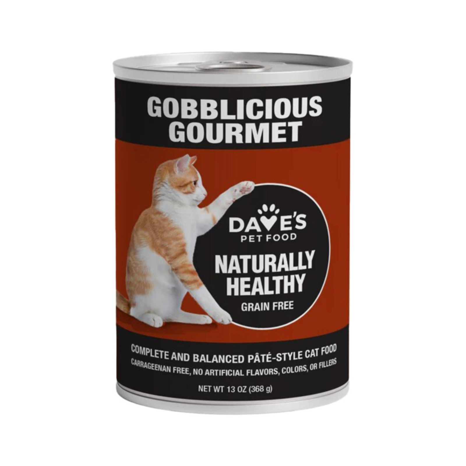 A 13 oz can of Dave's Pet Food Gobblicious Gourmet naturally healthy grain free cat food, featuring an orange and white cat on the label against a solid white background.