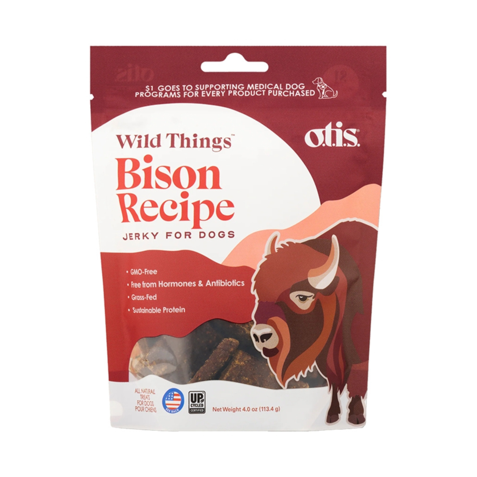 A package of Otis Wild Things Bison Recipe Jerky for Dogs, featuring a red and white stand-up pouch with an illustration of a bison and a clear window showing the jerky inside.