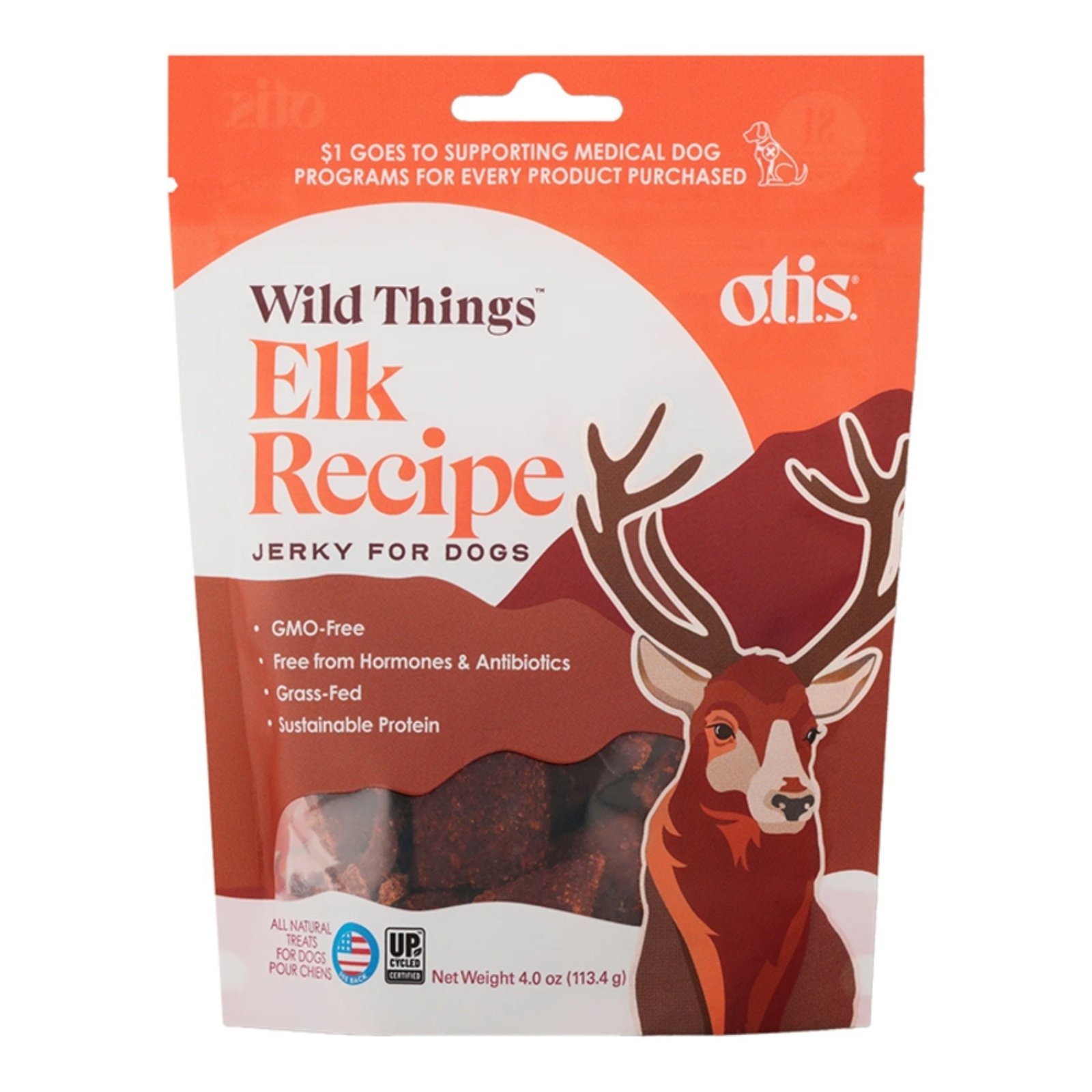 Package of Wild Things Elk Recipe Jerky for dogs with a deer illustration on an orange and white background.