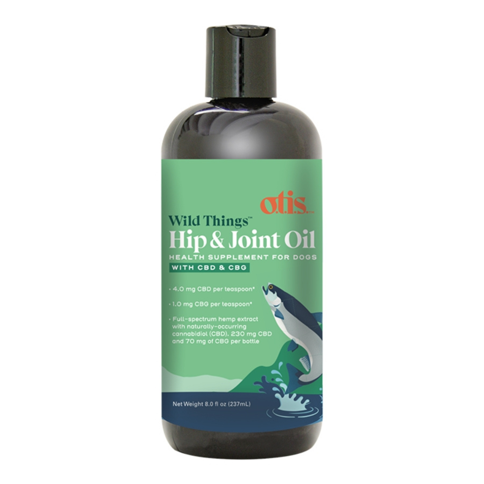 A bottle of Otis Wild Things Hip & Joint Oil for dogs, featuring a green label with a penguin illustration and a black cap, on a white background.