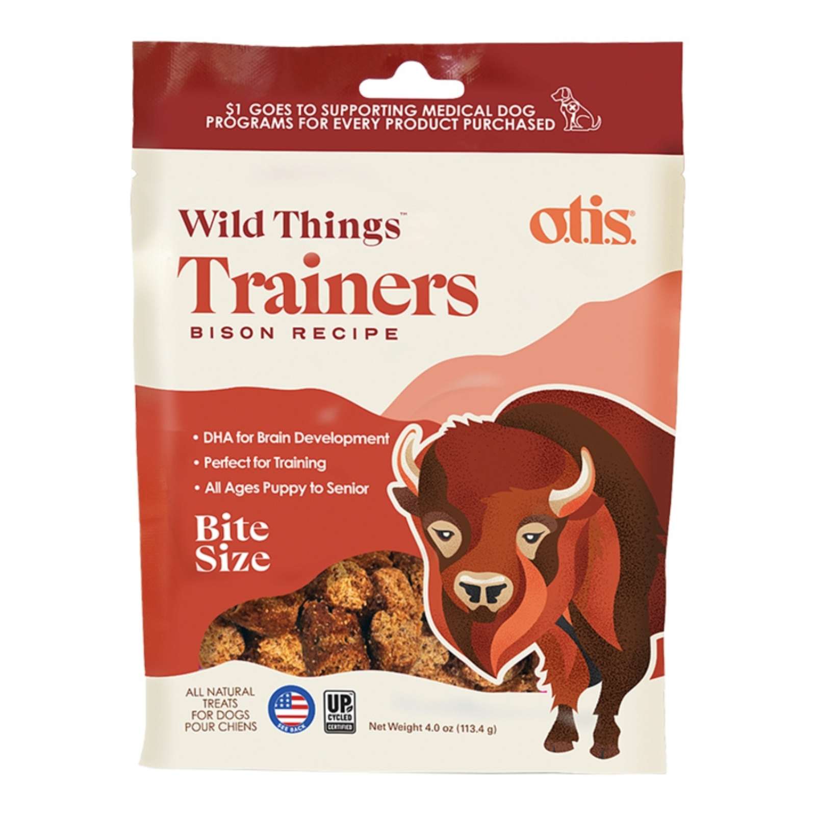 A bag of Otis Wild Things Trainers Bison Recipe dog treats, featuring a red and cream package with an illustration of a bison and a photo of the bite-size treats inside.