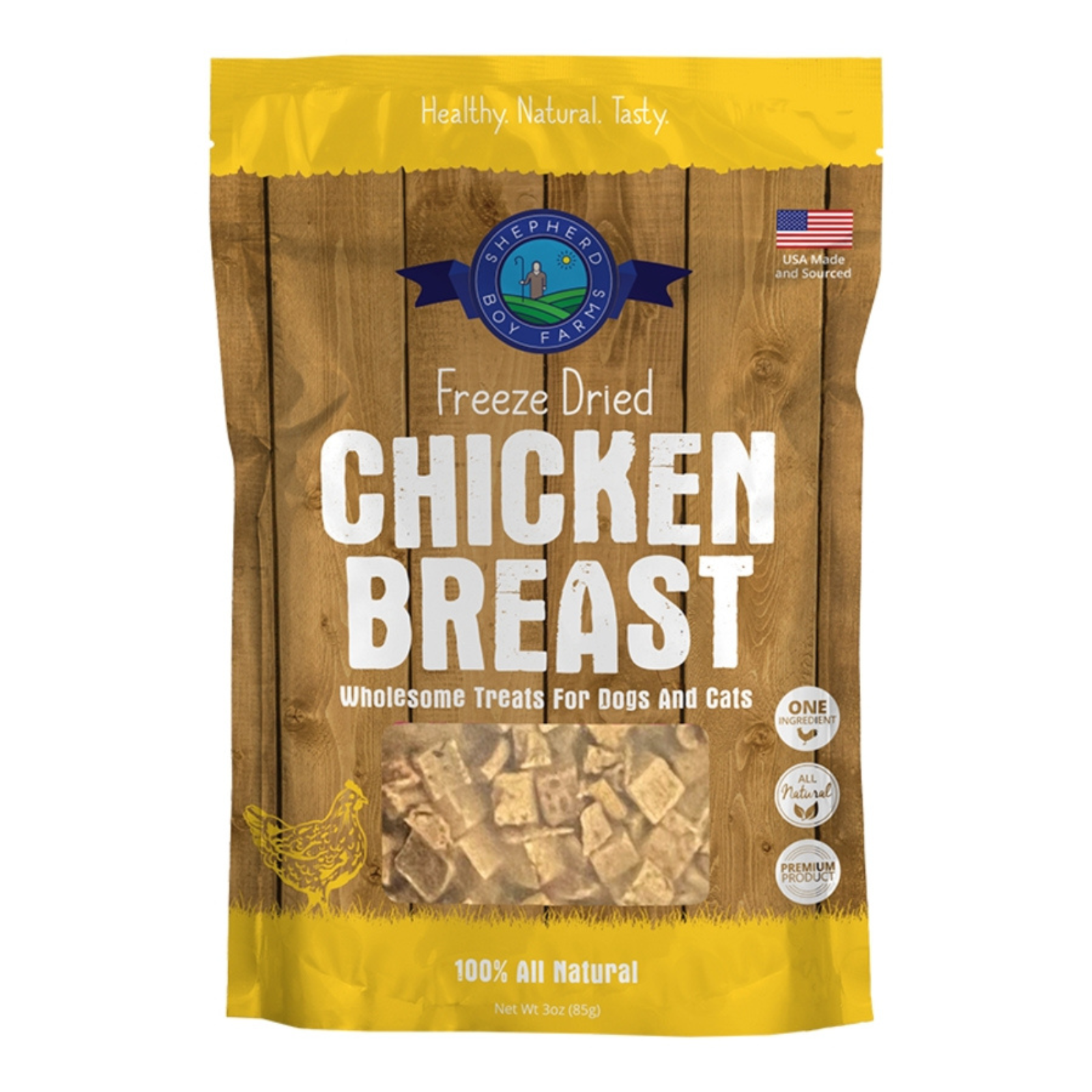 A bag of Shepherd of Farms Freeze Dried Chicken Breast dog treats, featuring a brown wood-grain design with yellow borders and white text.