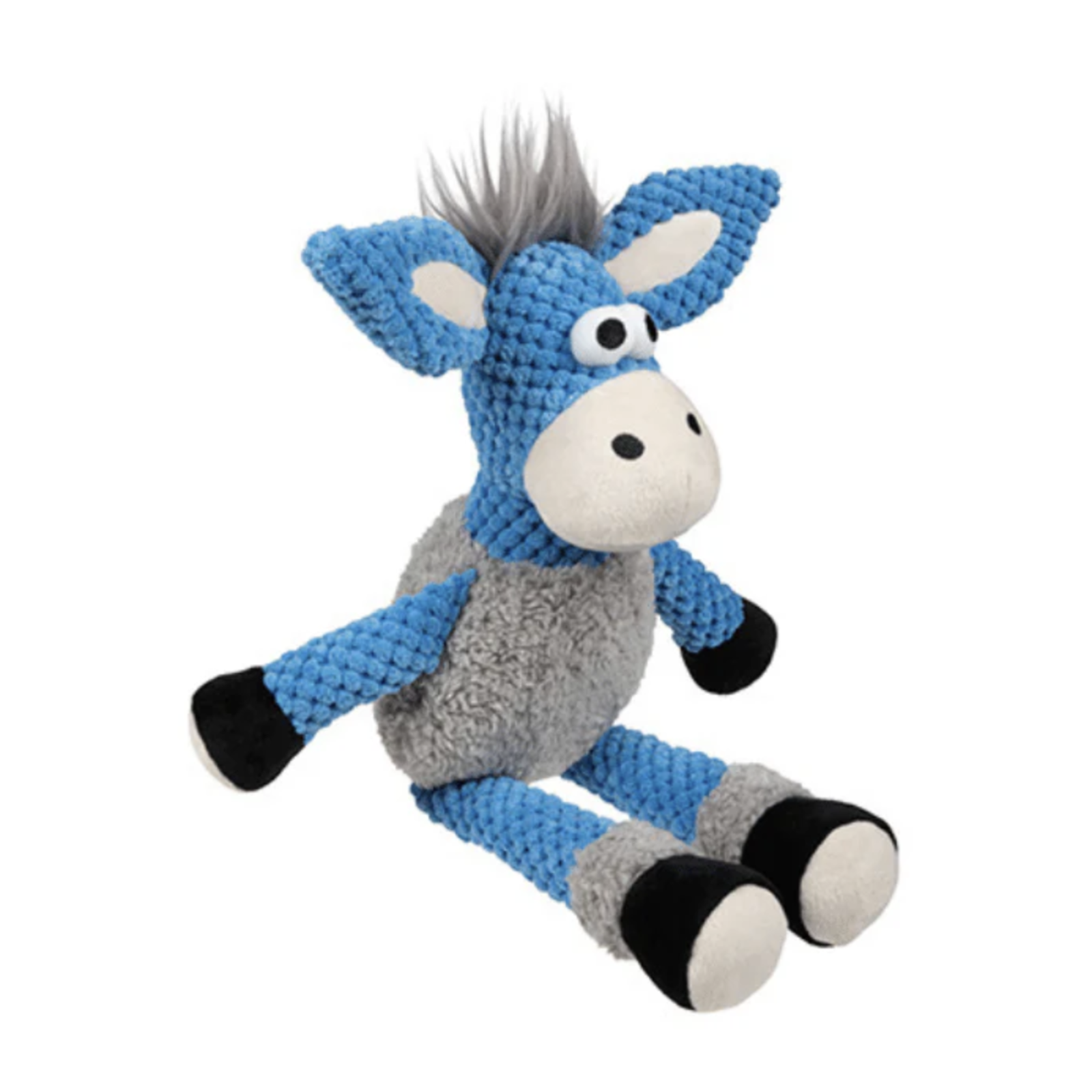 A blue and gray crocheted donkey dog toy with black and white hooves, sitting against a plain white background.