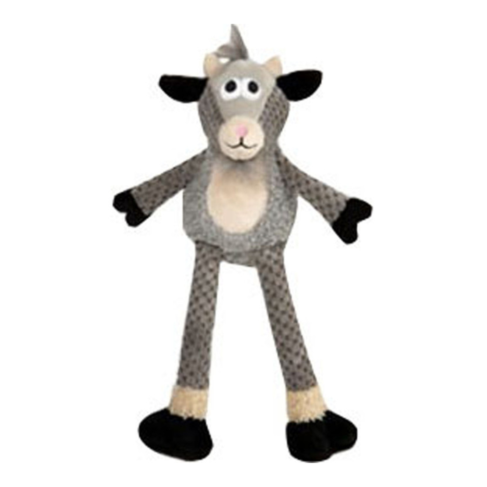A plush toy goat with a gray patterned body, cream-colored face and belly, and black ears, hooves, and hands, shown against a plain white background.