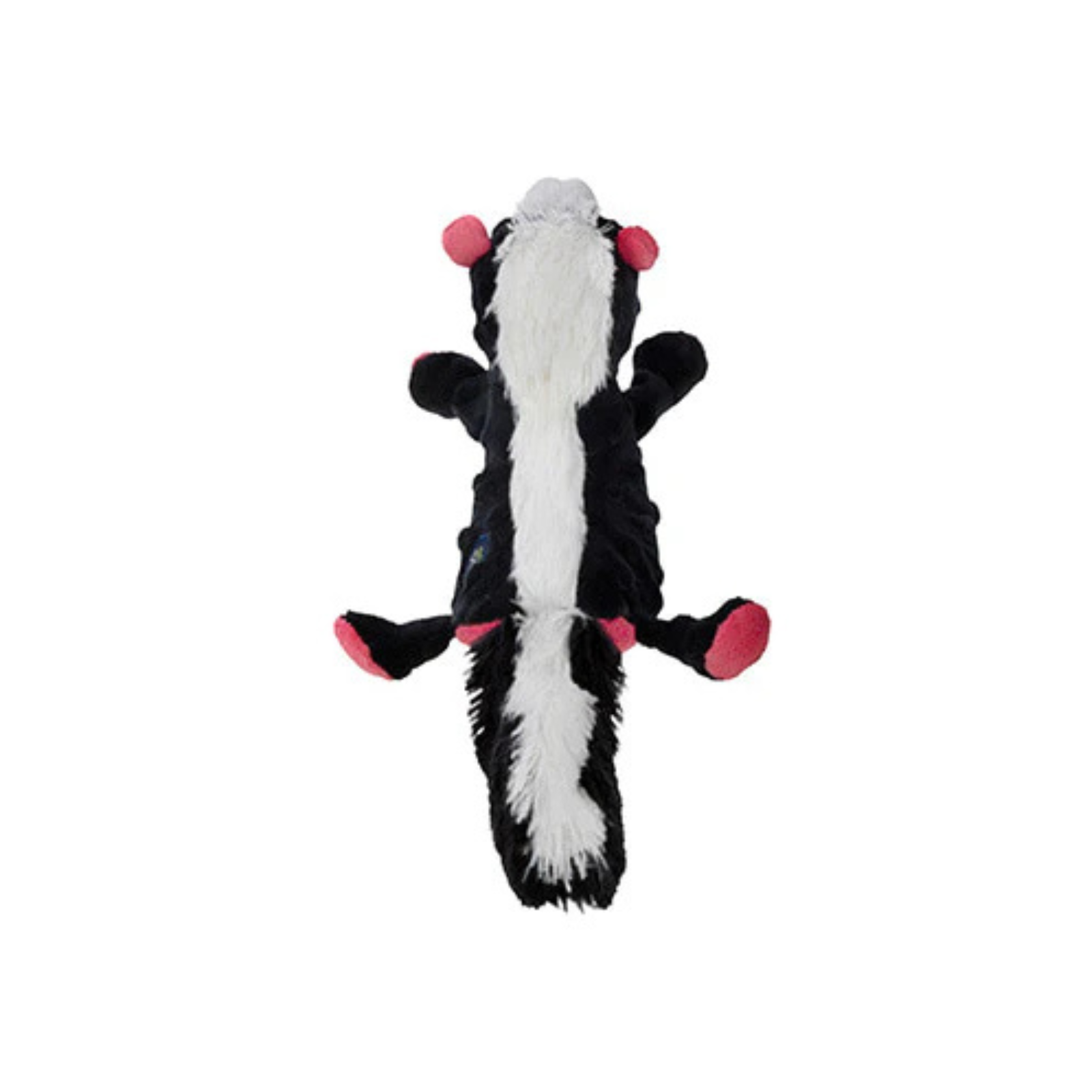 A plush dog toy shaped like a skunk, featuring a black and white fur pattern with pink inner ears and paws, isolated on a white background.