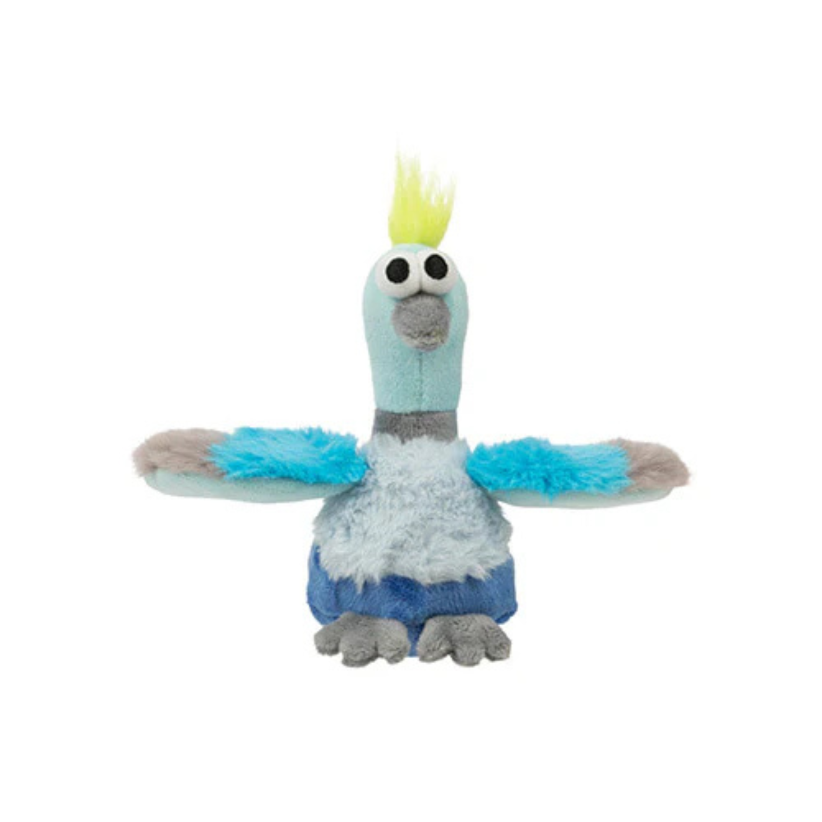 A plush toy bird with a light blue body, gray head and feet, bright blue wings, a yellow spiky crest on its head, and a gray beak, shown against a plain white background.