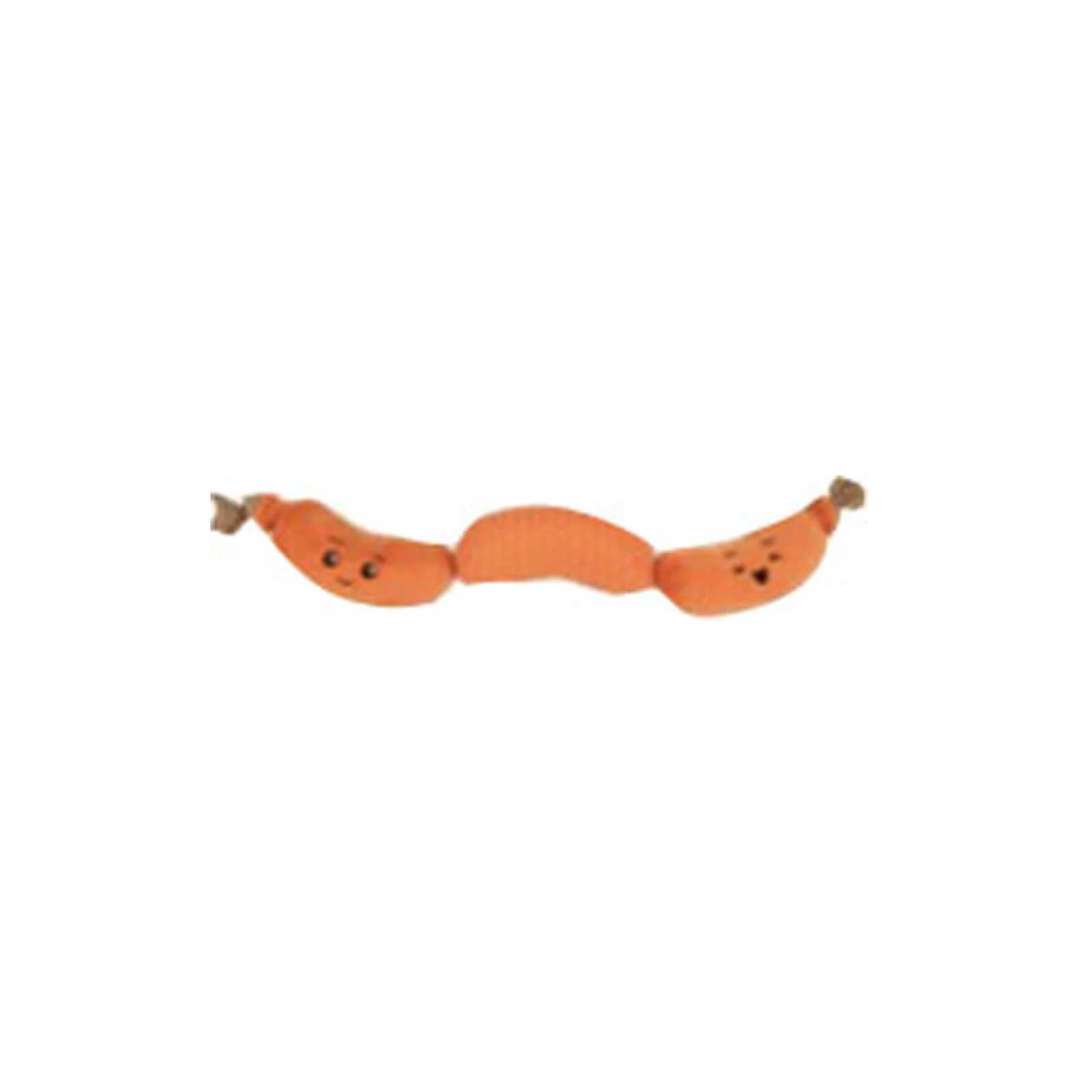 An orange plush dog toy shaped like a curved mustache with embroidered eyes and nose details, set against a plain white background.