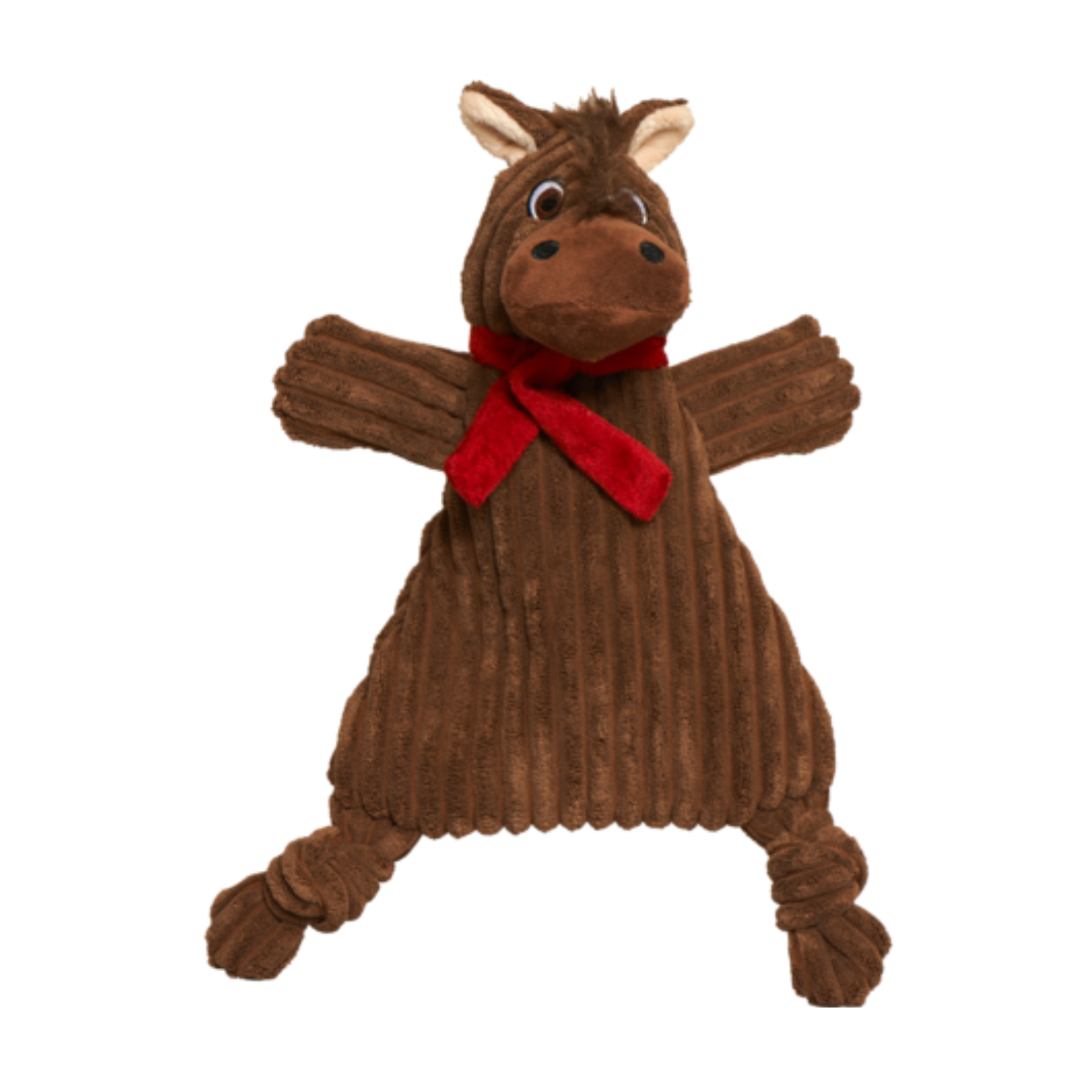 A brown plush horse-shaped dog toy with a ribbed corduroy body and a red bow around its neck, shown against a plain white background.