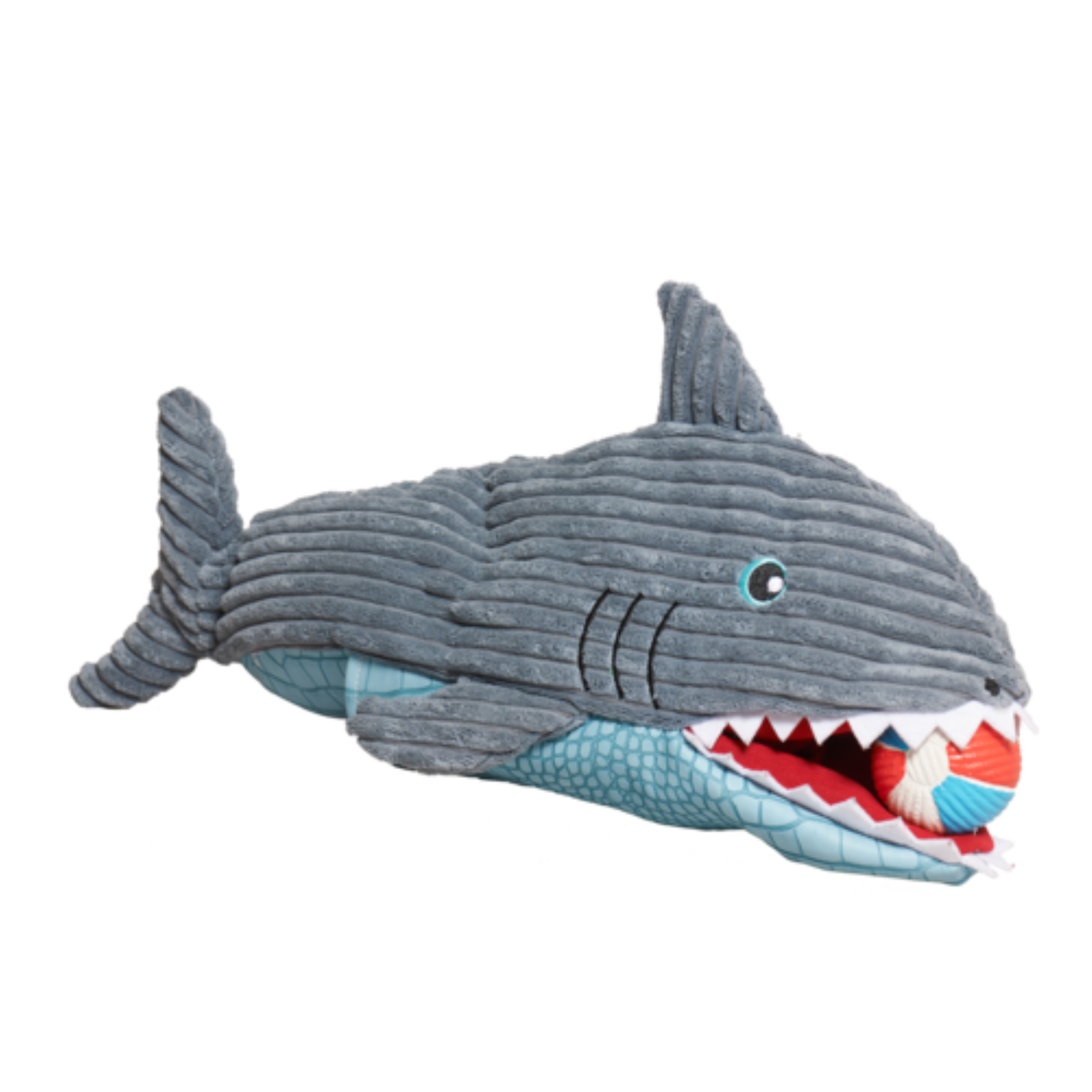 A plush shark toy with a ribbed gray body, light blue underside, and an open mouth showing white teeth and a red interior, isolated on a white background.