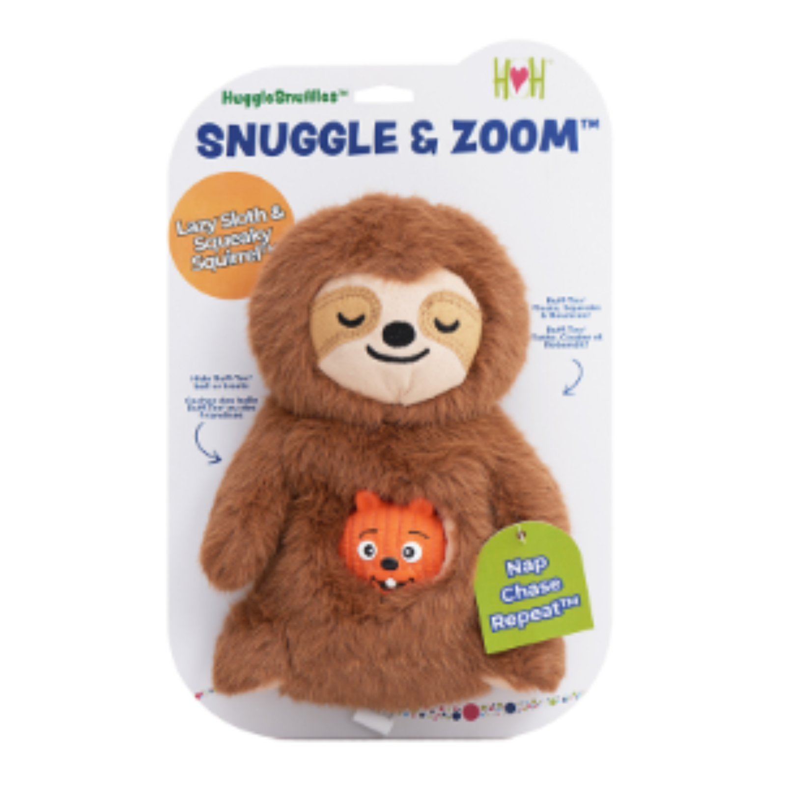 Huggie Brumblies Snuggle & Zoom plush sloth toy in its original retail packaging. The package contains a brown sloth plush with a small orange cartoon zoomer inside.