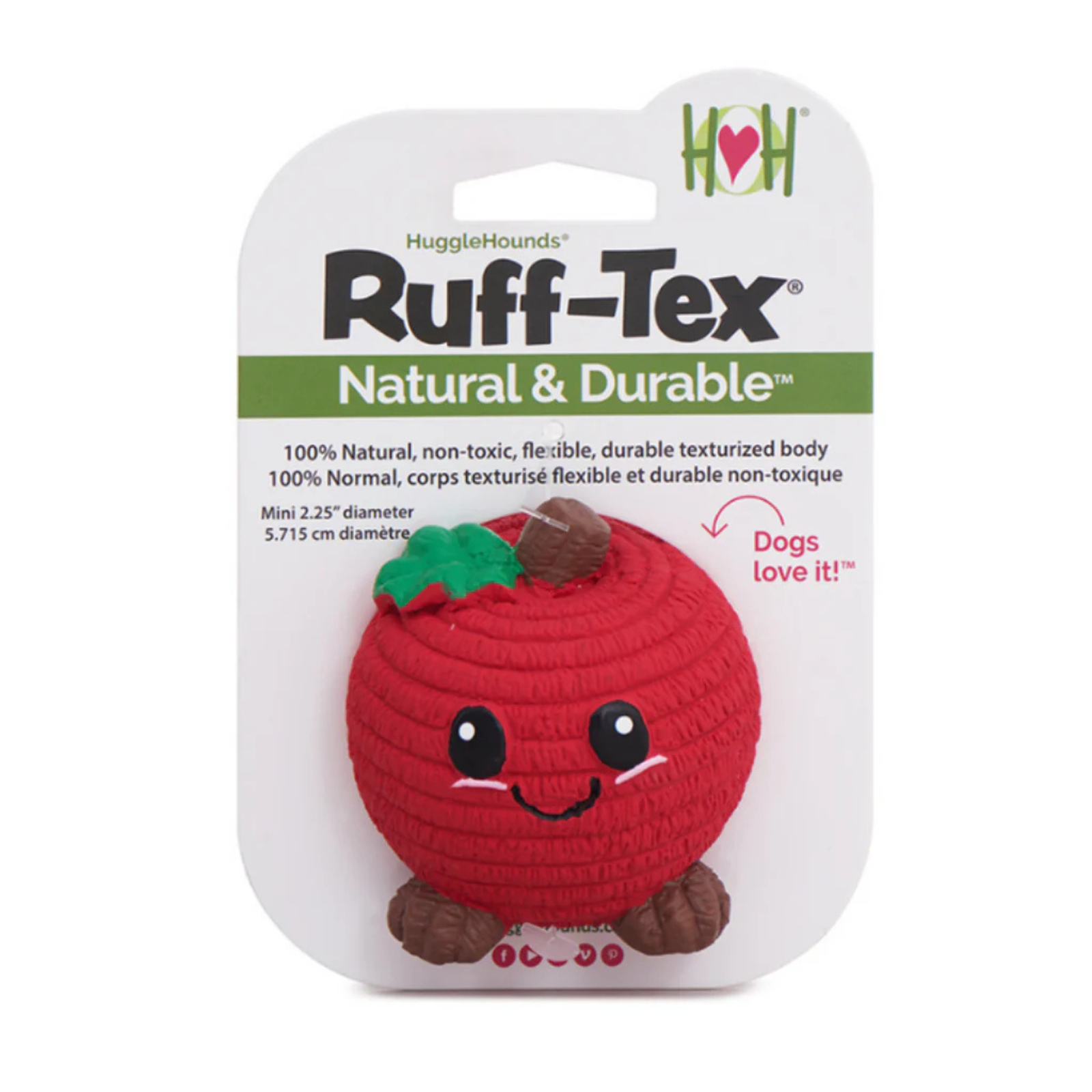 Red textured dog toy with a green leaf and brown feet on HuggleHounds packaging.
