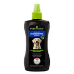 A bottle of Furminator Rinse Free Shedding Spray for dogs, featuring a black bottle with a bright green spray nozzle and a label showing a yellow Labrador retriever.