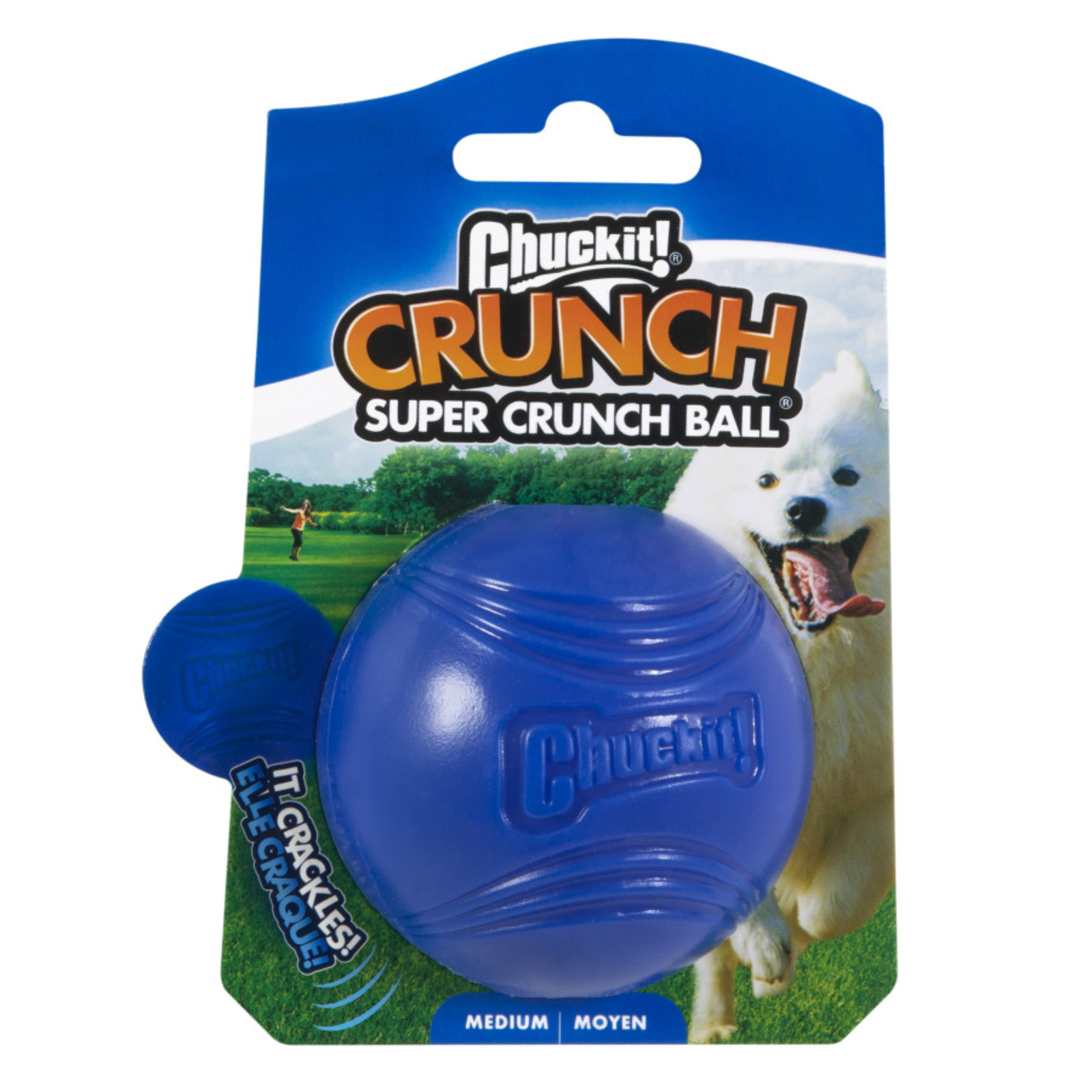 Blue Chuckit! Crunch Super Crunch Ball dog toy in packaging with a dog on a grassy field background.