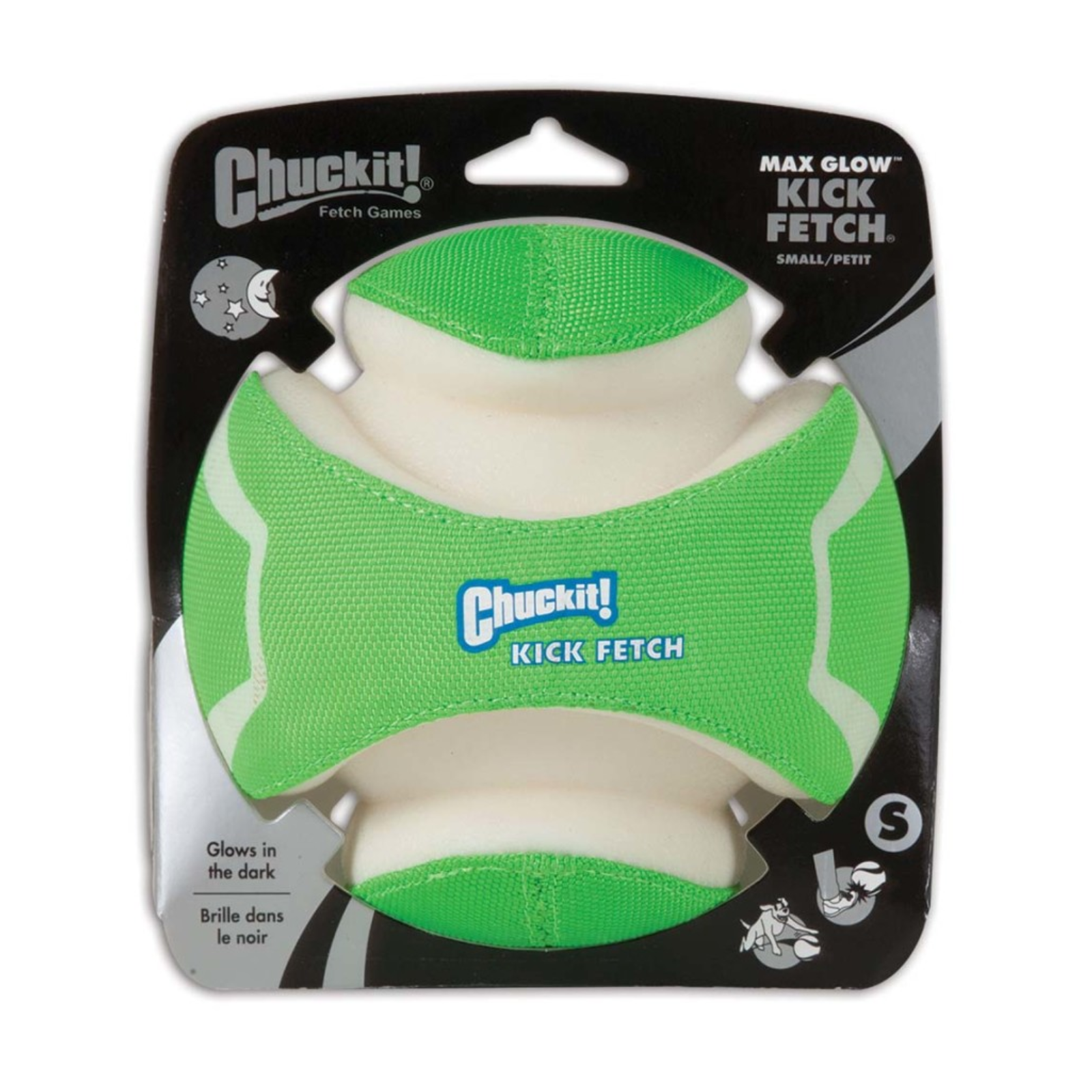Chuckit! Kick Fetch dog toy in its original blister packaging. The toy is lime green and off-white, designed for small and pet dogs, with the Chuckit! brand logo clearly visible on both the packaging and the product.
