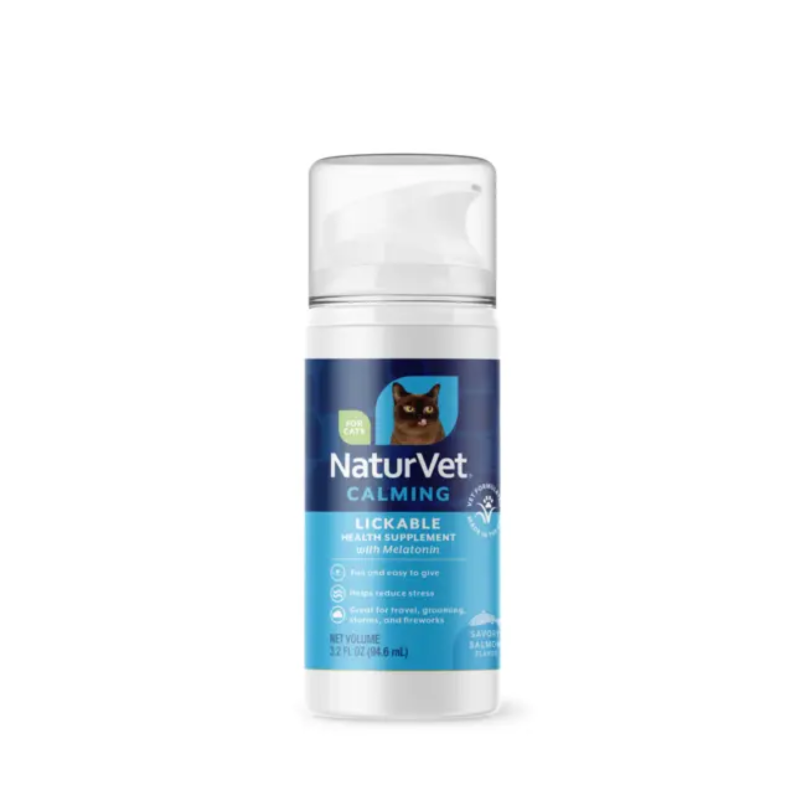 A bottle of NaturVet Calming Lickable Health Supplement with Aromathera, featuring a white bottle with a clear cap and a blue and light blue label with a cat illustration.