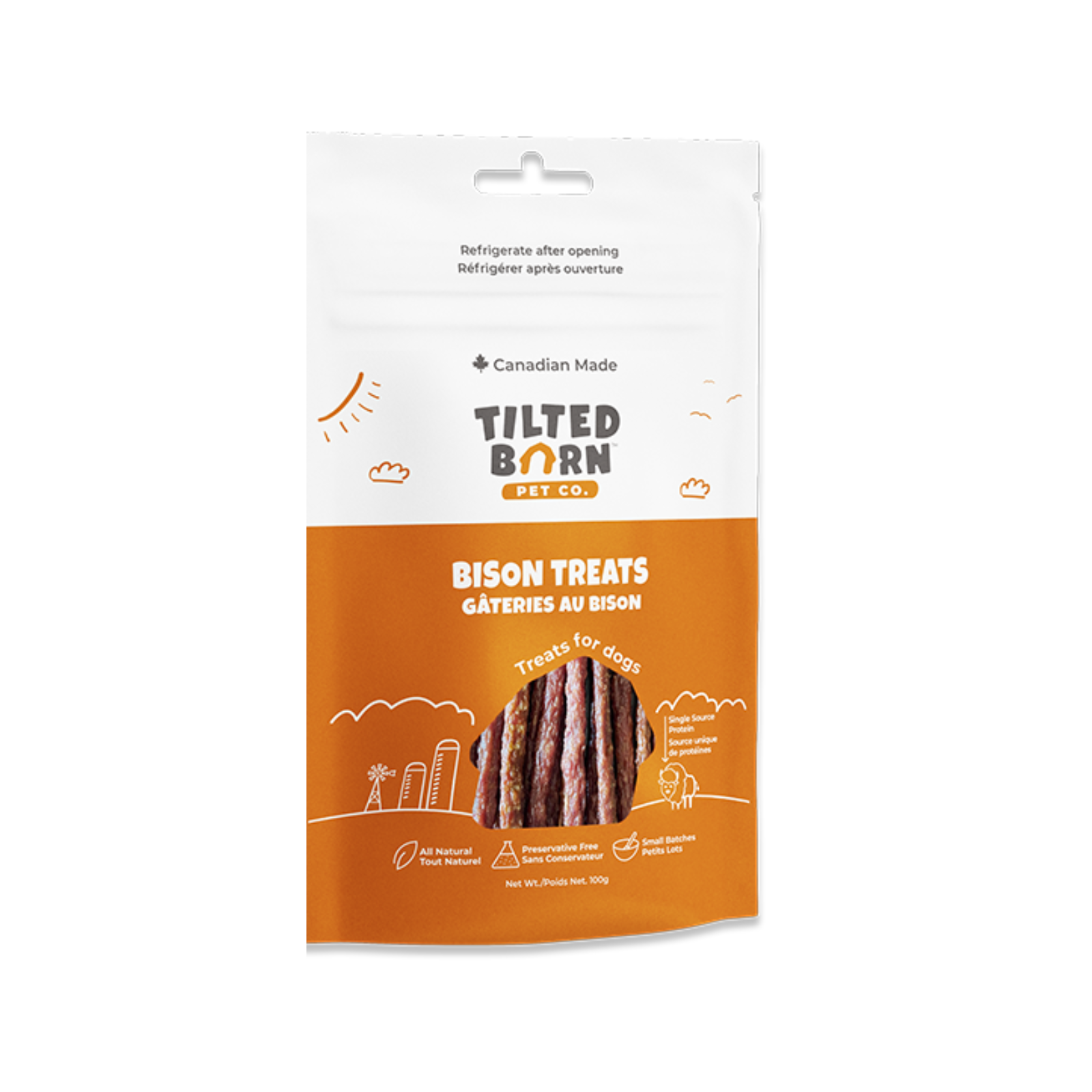 A package of Tilted Born Pet Co. Bison Treats for dogs, featuring a white and orange resealable pouch with a clear window showing the brown treats inside.