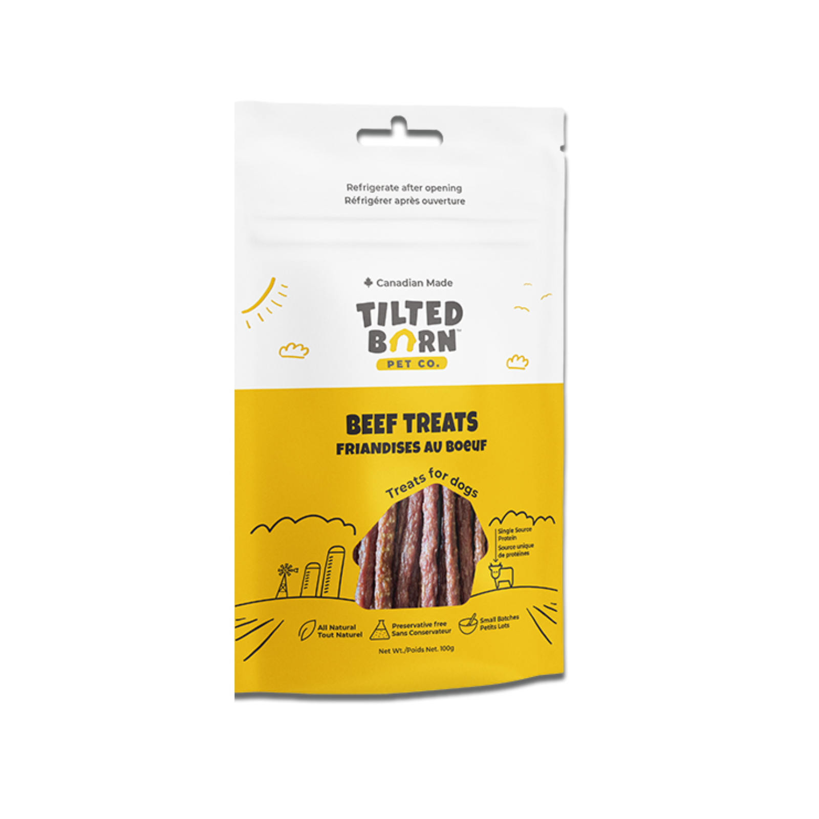 A package of Tilted Born Pet Co. Beef Treats for dogs, featuring a white and yellow resealable pouch with a clear window showing the brown treats inside.
