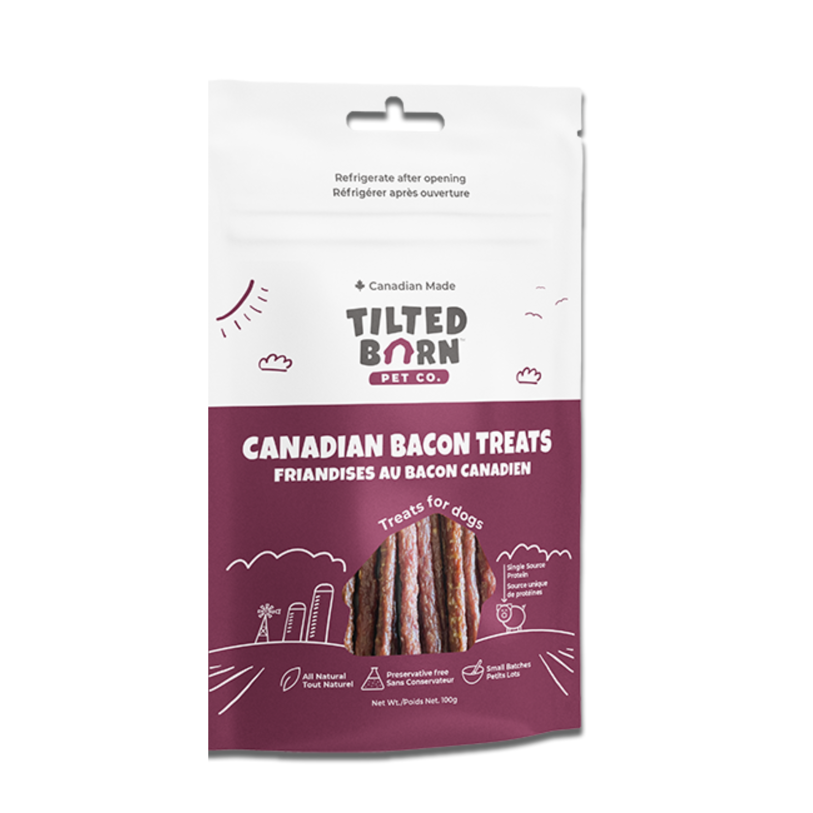 A 50g bag of Tilted Born Pet Co. Canadian Bacon Treats for dogs, featuring a white and deep purple packaging design with illustrations of bacon strips visible through a clear window.