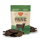 A bag of Fancy Farm Homestead Single Ingredient Beef Chips dog treats, shown with several dark brown waffle-textured chips piled in front on a white background.