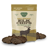Package of single ingredient elk chips dog treats with visible treats on a white background