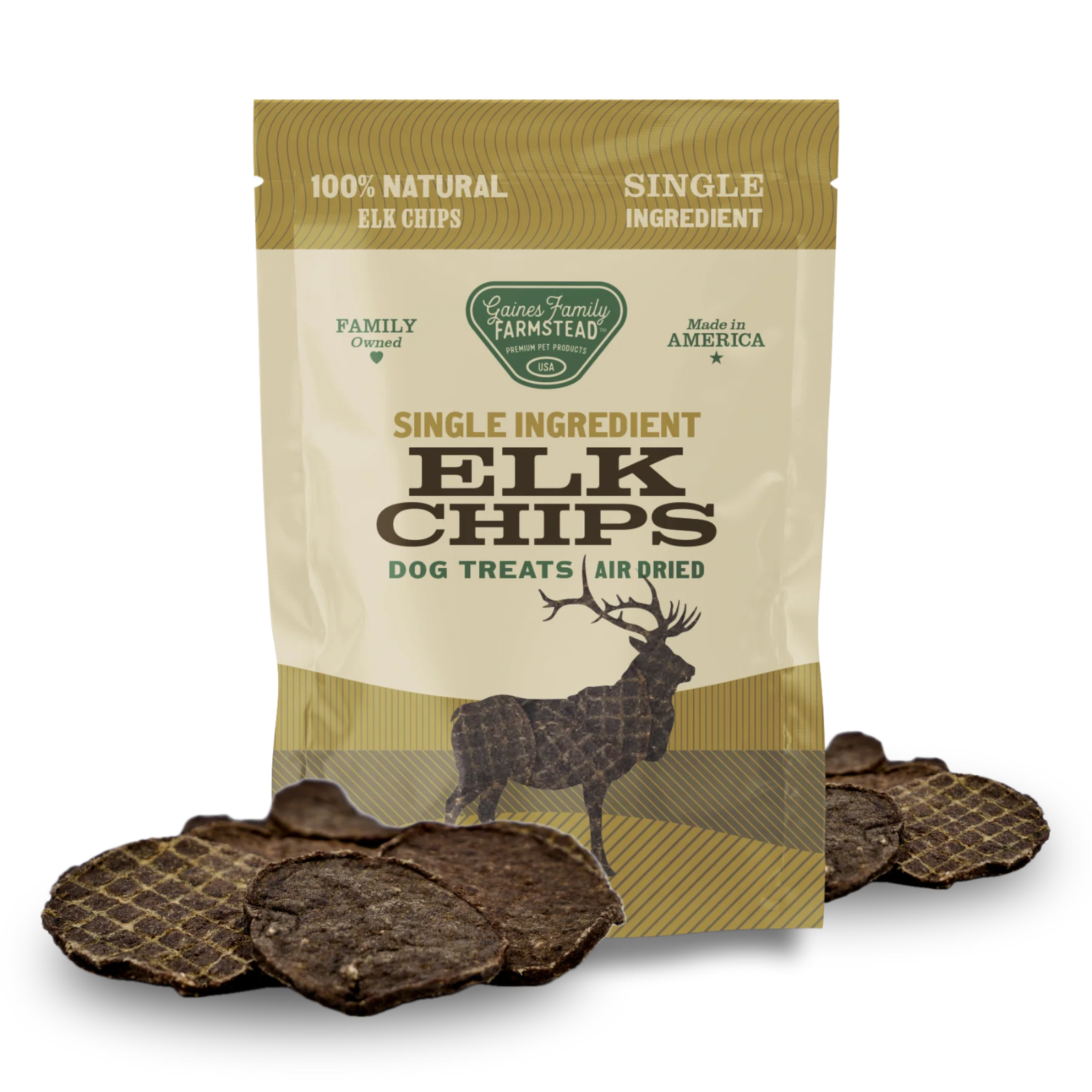 Package of single ingredient elk chips dog treats with visible treats on a white background