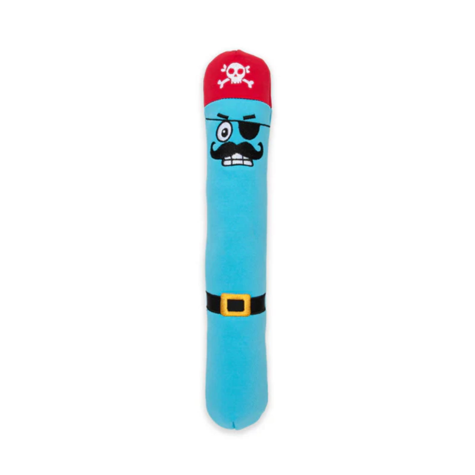 A light blue pirate-themed plush toy shaped like a rolled-up sword or staff, featuring a red hat with a white skull and crossbones, a black mustache, an eyepatch, a black belt with a gold buckle, and a cartoon face.