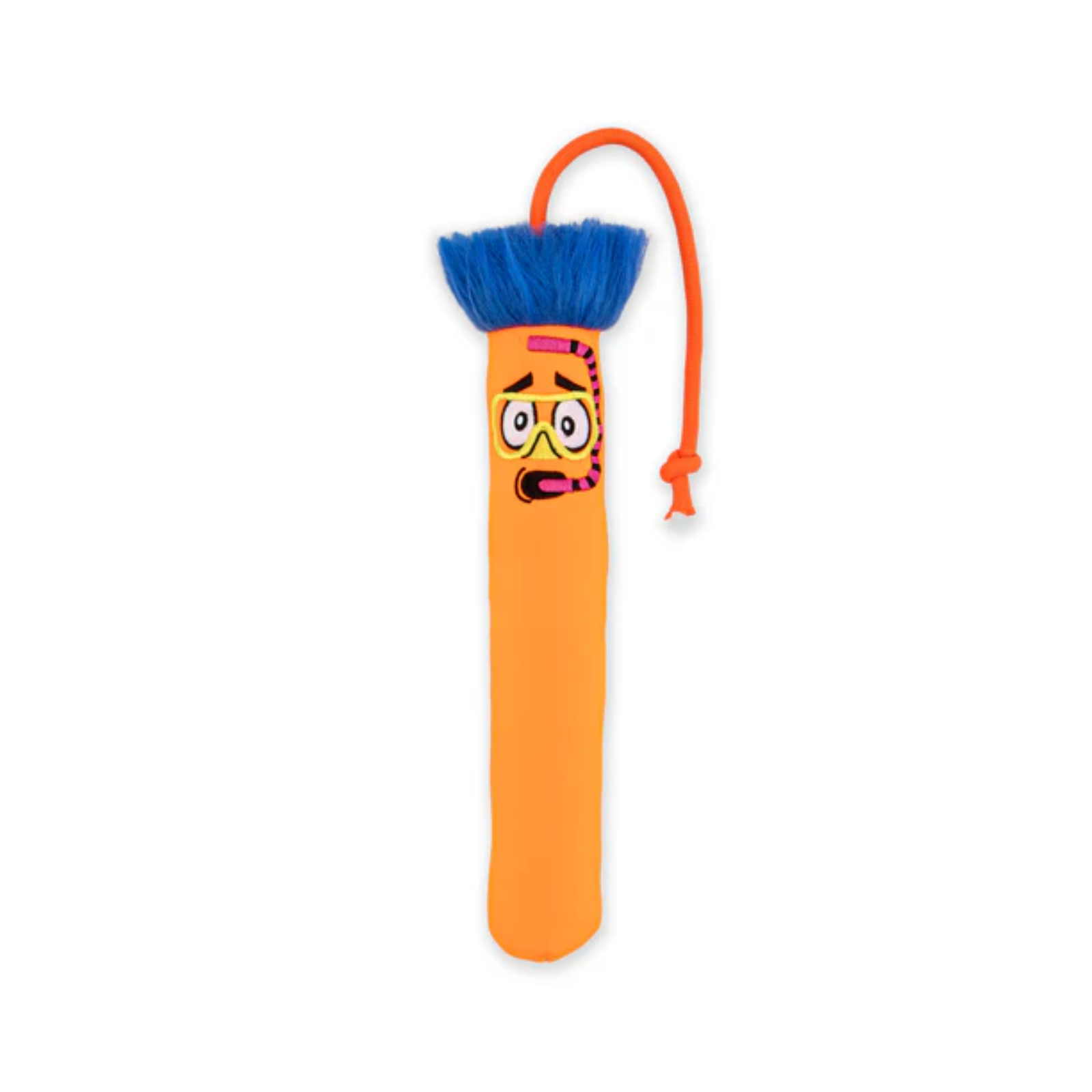 An orange plush toy shaped like a pencil with a blue fluffy top, a cartoon face wearing goggles, and an orange looped cord, shown on a plain white background.