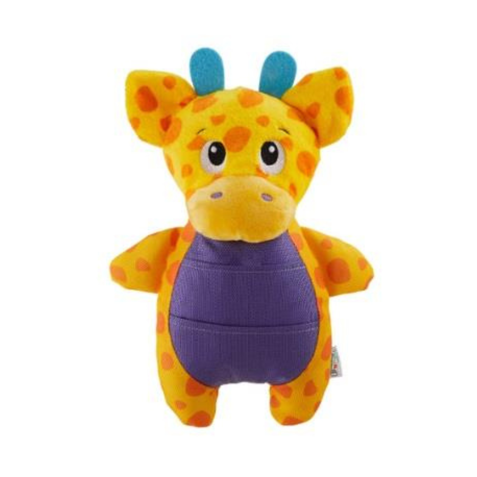 A plush giraffe toy with a yellow body, orange spots, a purple belly, and blue ossicones, photographed on a plain white background.