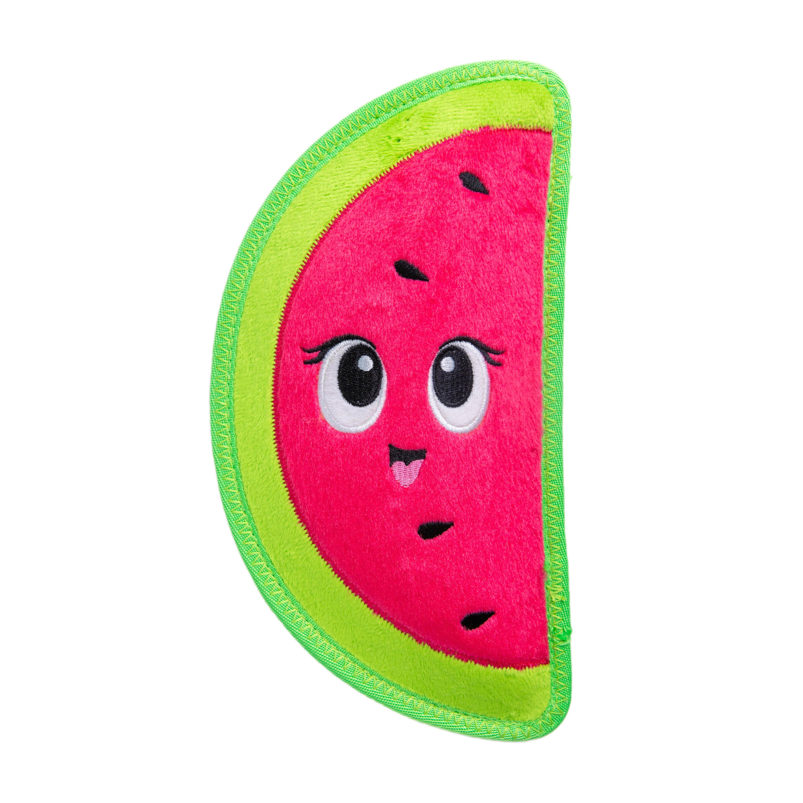 A watermelon slice-shaped plush cleaning sponge with a cute cartoon face, featuring a bright pink center, green rind, and embroidered details on a solid white background.
