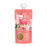 Pink pouch of Weruva's 'Dogs in the Kitchen' series on a white background