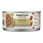 A can of Now Fresh Good Gravy Duck Recipe cat food, showing the front label with product details, a photo of the minced meat, and ingredient images on a white background.