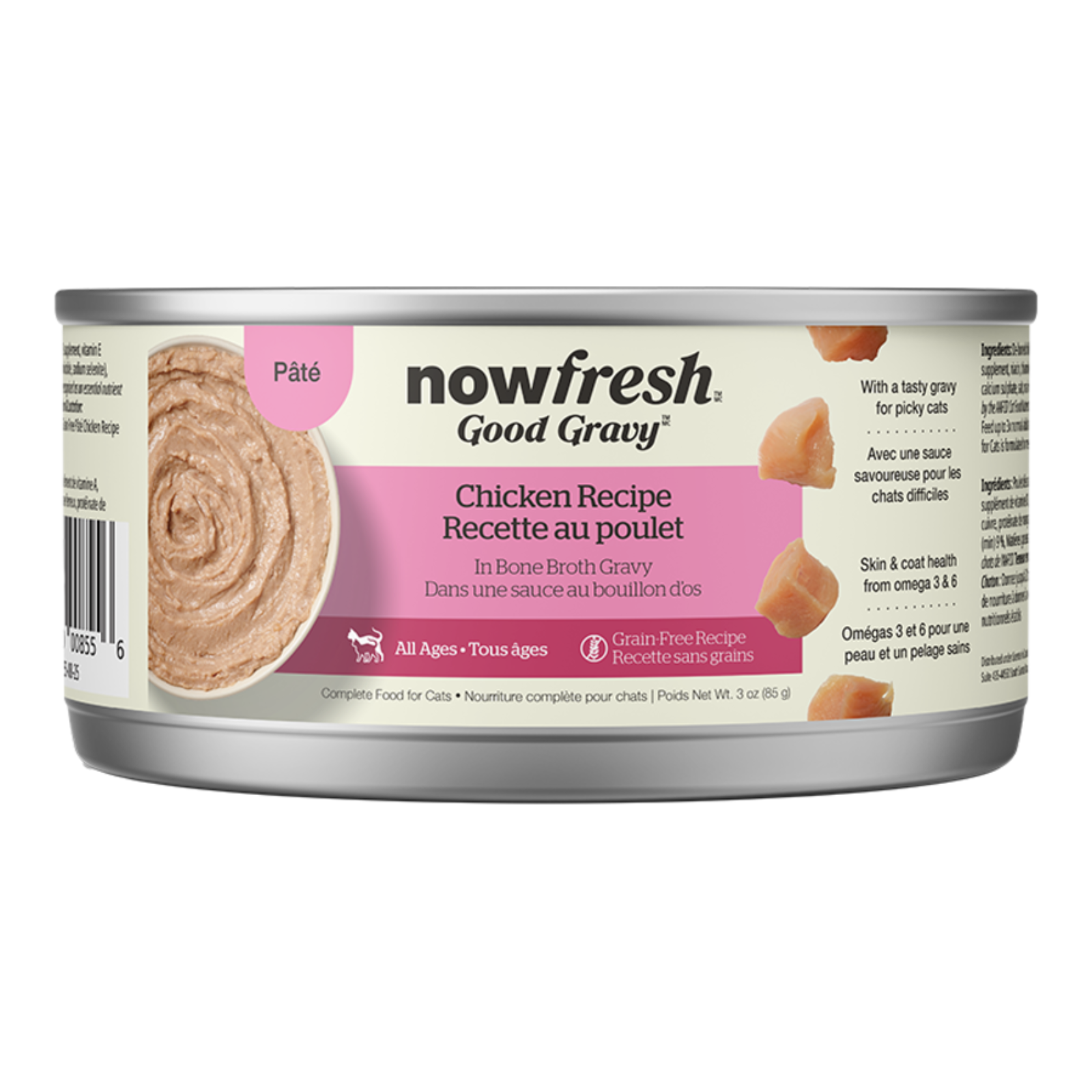 A can of Now Fresh Good Gravy Chicken Recipe wet cat food, featuring a pink and white label with a picture of chicken broth and a silver metal can, shown on a white background.