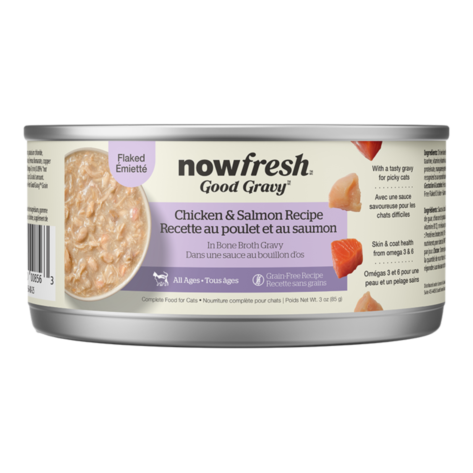 A can of Now Fresh Good Gravy Chicken & Salmon Recipe cat food, showing the front label with product details, a food photo, and side panels on a white background.