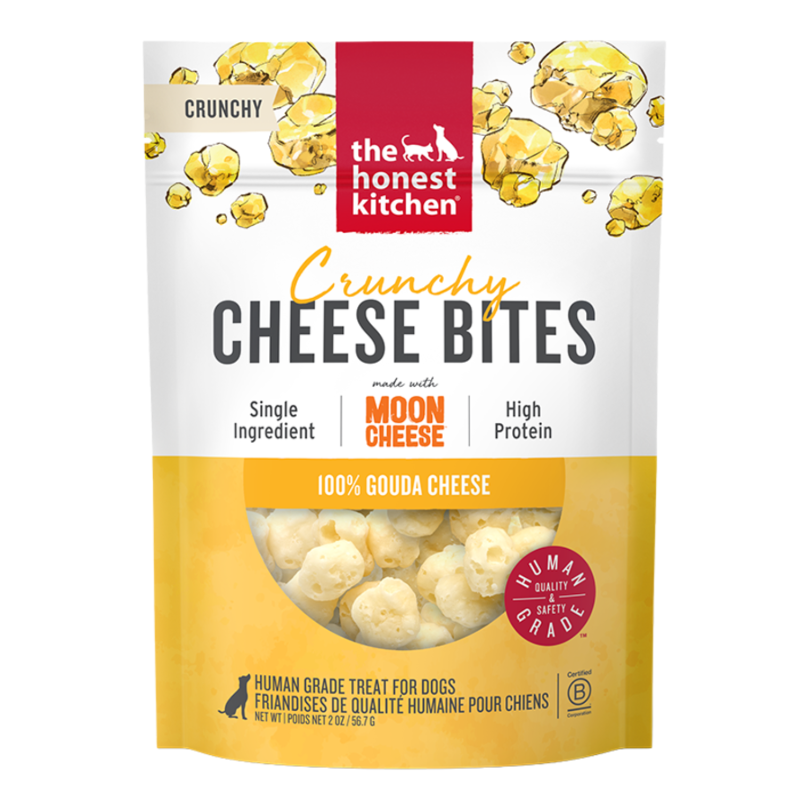 Package of 'the honest kitchen' Crunchy Cheese Bites for dogs on a white background