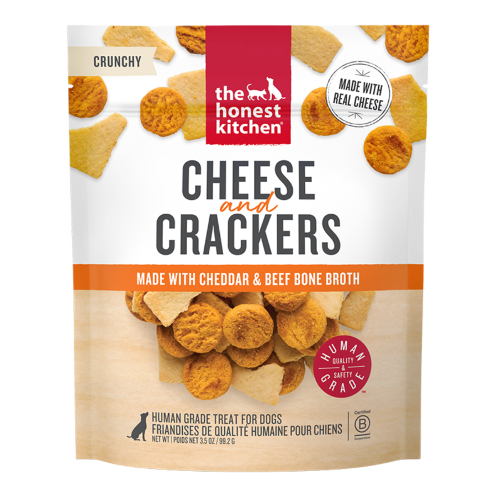 Package of 'the honest kitchen' Cheese and Crackers for dogs on a white background