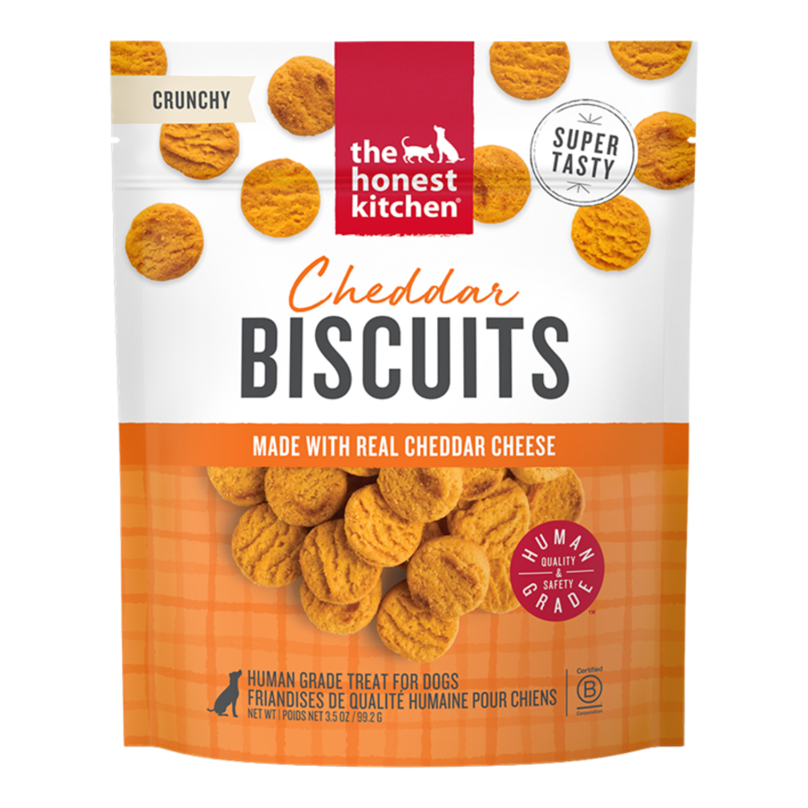 Package of 'the honest kitchen' Cheddar Biscuits for dogs on a white background