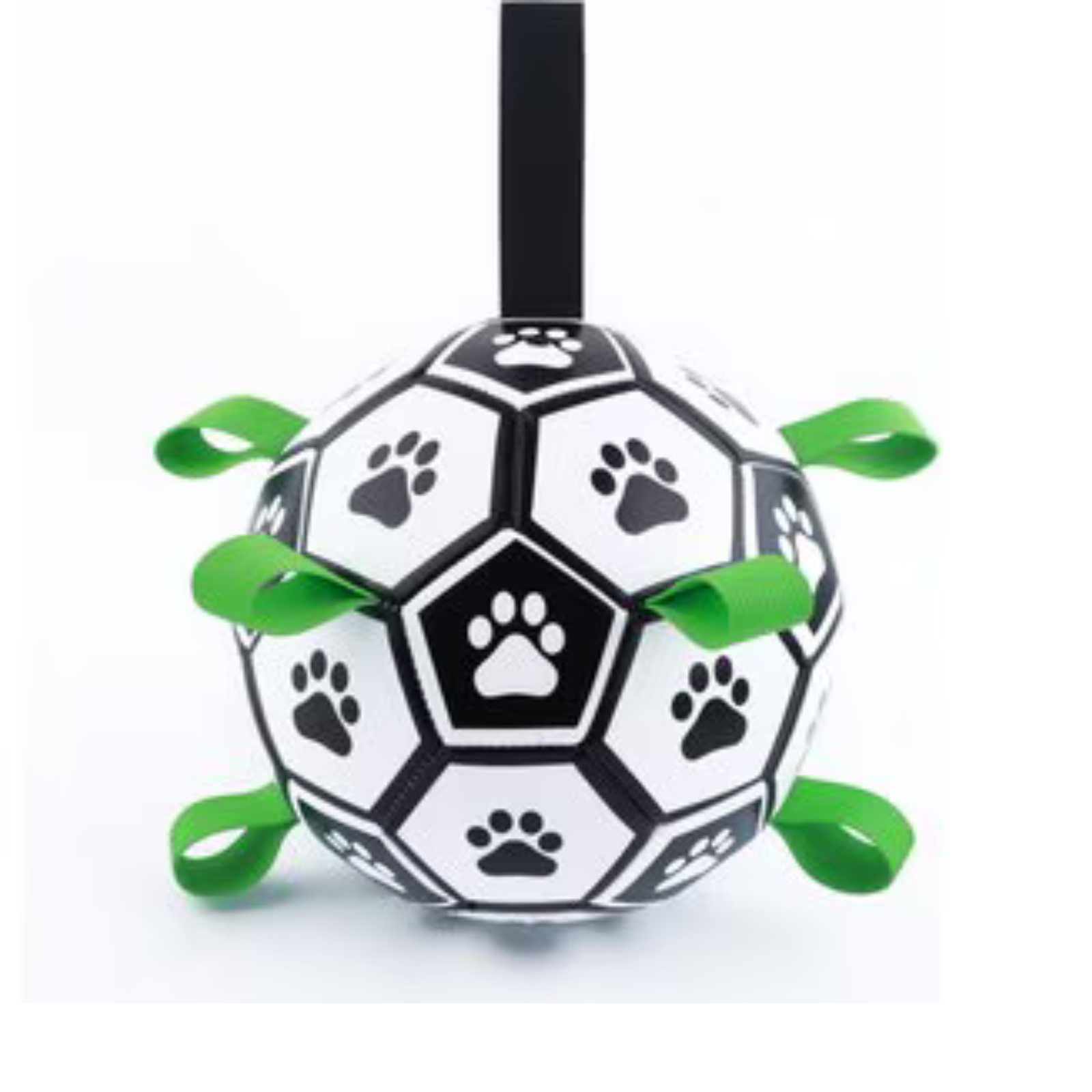 A dog toy shaped like a soccer ball with black and white panels, paw print patterns, and bright green hanging loops, shown against a plain white background.