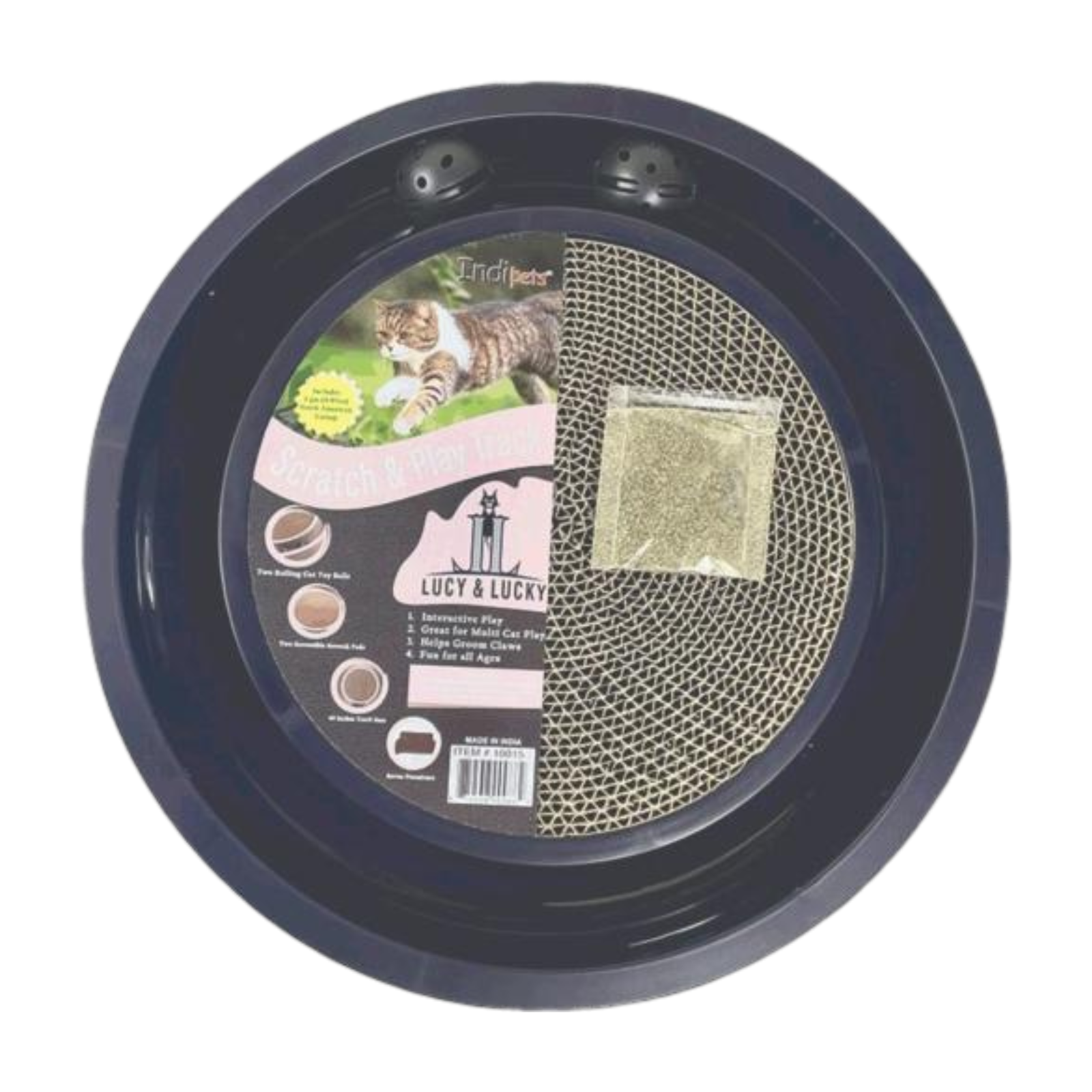 A round black plastic cat toy and scratching post inside its retail packaging, featuring a textured scratching panel and a printed product label.