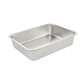 A rectangular stainless steel baking pan with a raised rim, shown at an angle on a plain white background.