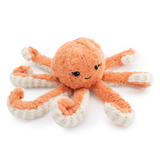 Plush octopus toy with orange and white colors on a white background