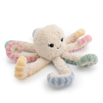 Plush octopus toy with pastel-colored tentacles on a white background